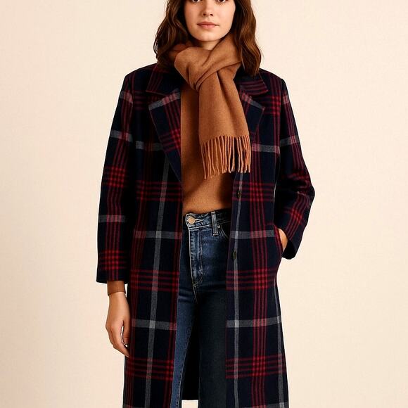 Sezane Vintage XL Oversized Slouchy 100% WOOL Plaid Coat Long Jacket Trench Blue - Picture 3 of 11
